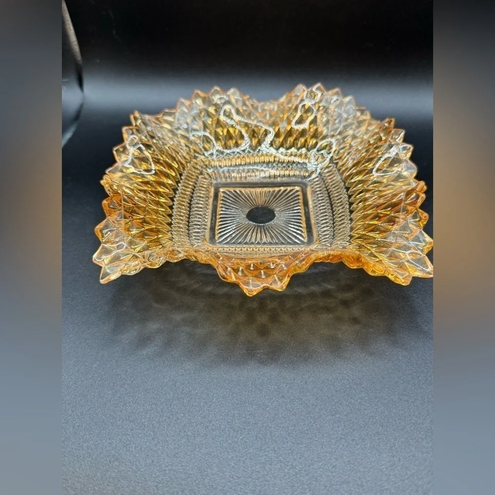 Vtg ‘60s Glass Diamond Block Ruffled Trinket Candy Nut Dish Amber Gold Ashtray